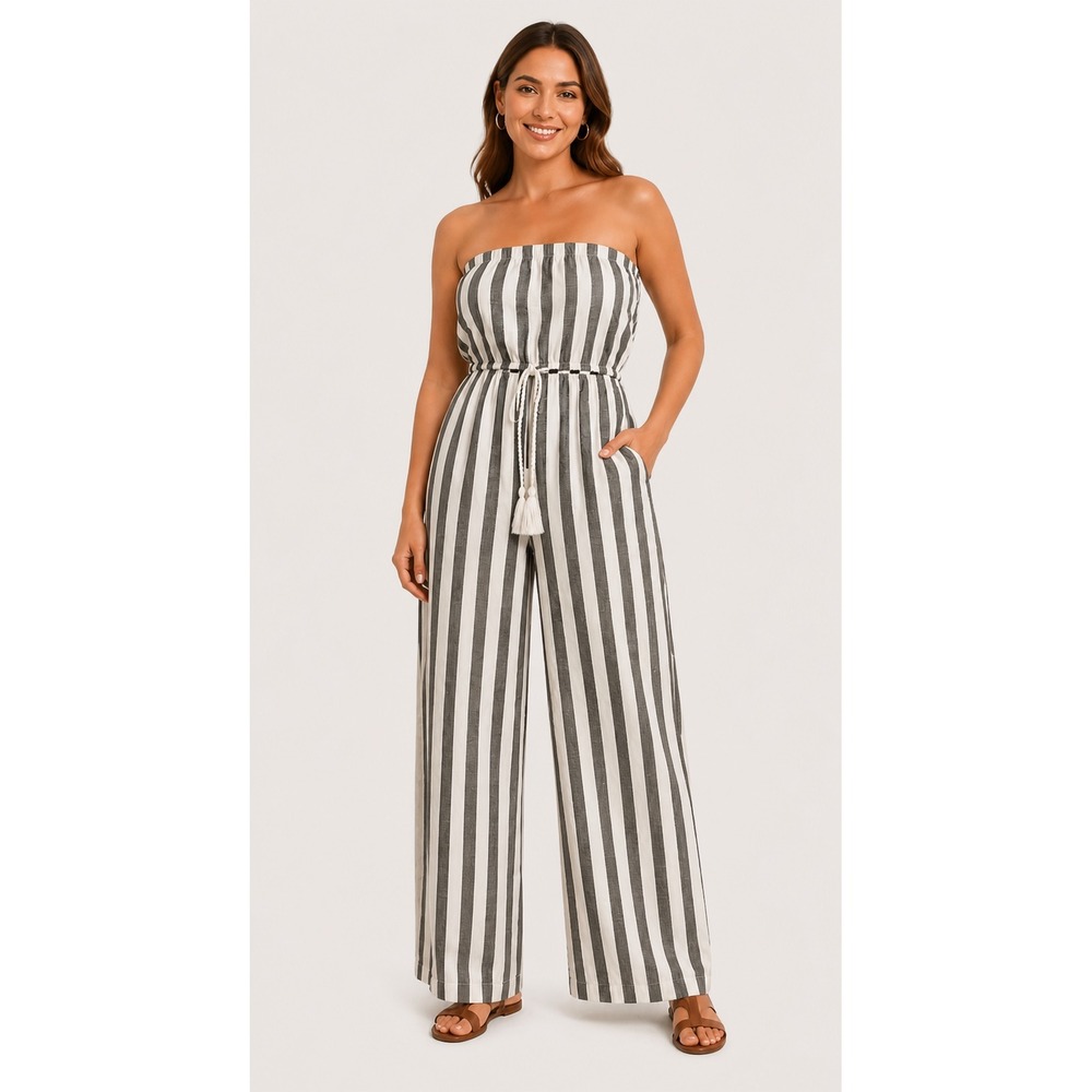 Goa Beachwear by Japna Striped Strapless Jumpsuit XL Cotton Linen Blend